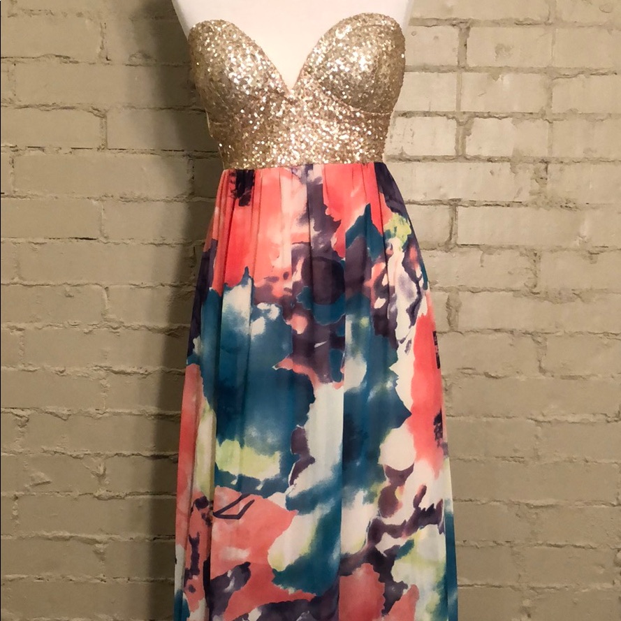 Reverse Strapless Gold & Multi. Color Long Dress S